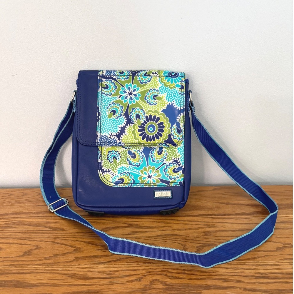 Hadaki Navy Blue Floral Paisley Crossbody Messenger Bag Vegan Leather Adjustable